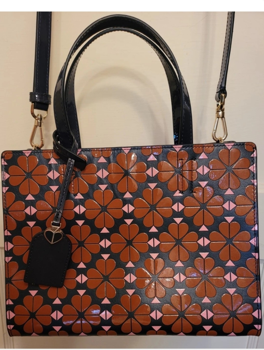 KATE SPADE SAM FLORAL TOTE CROSSBODY PATENT NAVY BLUE BROWN PINK w FOB